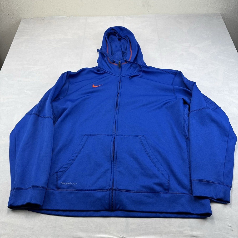 Nike Therma-FIT Men's XXL Blue Full Zip Hoodie Sweatshirt Orange Swoosh